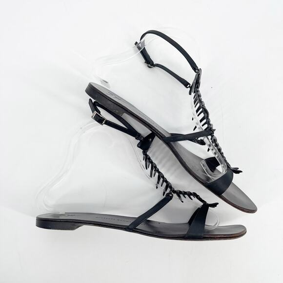 Giuseppe Zanotti Black Fishbone Embellished Flat Ankle Strap Sandals IT 39.5 - Picture 3 of 14